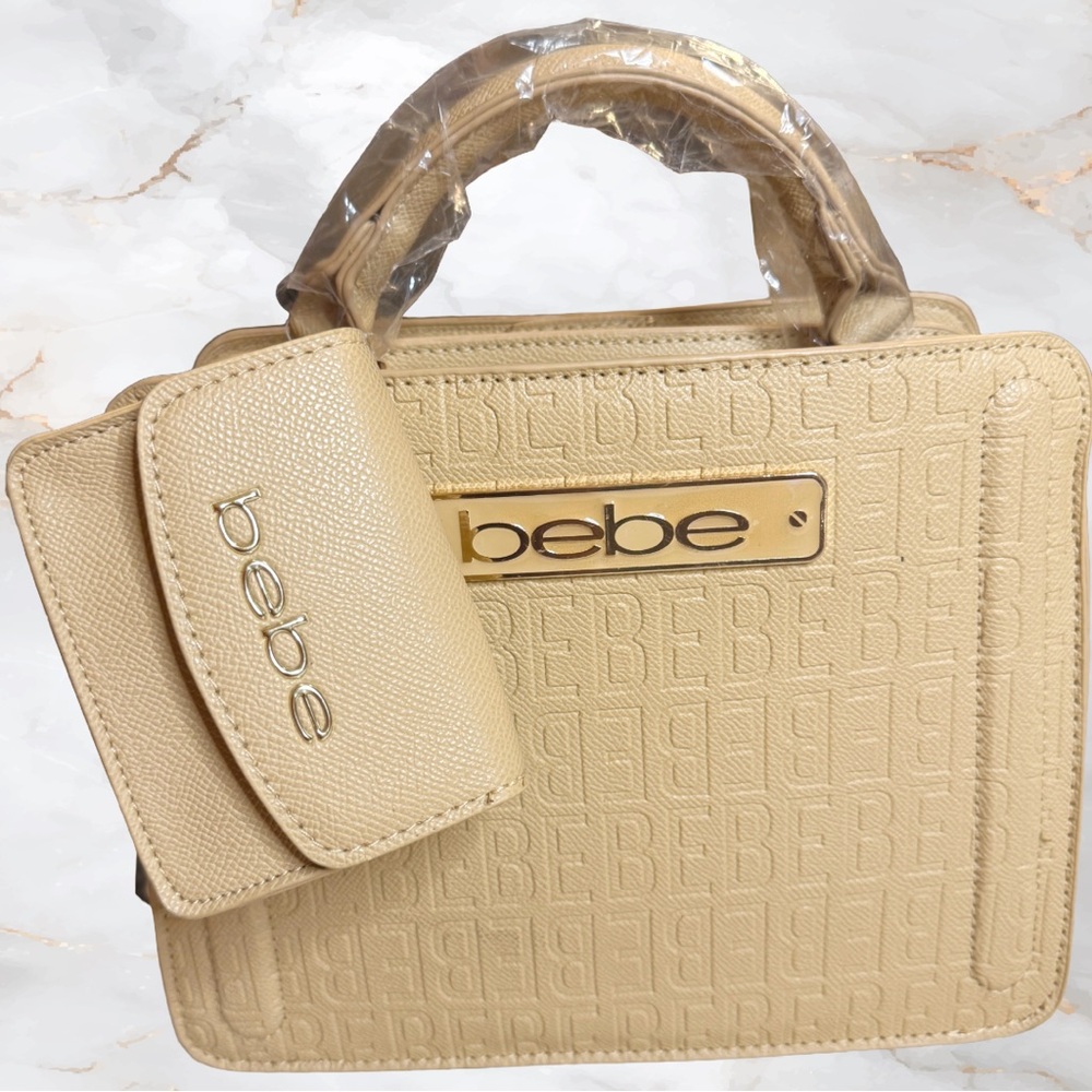 BEBE Original Packaging Cream Thea Small Satchel & Additional Credit Card Holder
